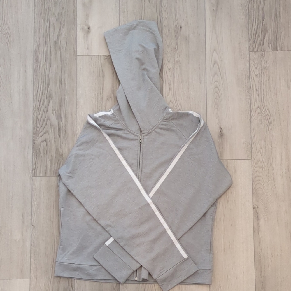 Women's Light Gray Hooded Track Jacket with White Stripe & Dot Accent - Picture 12 of 16